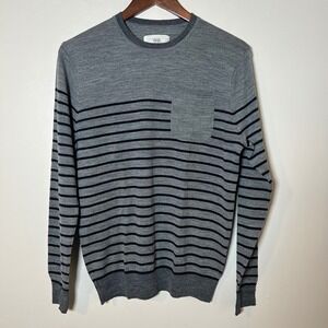 WRK‎ Sweater Mens Medium Grey Blue Striped 100% Wool Crewneck Pocket Pullover